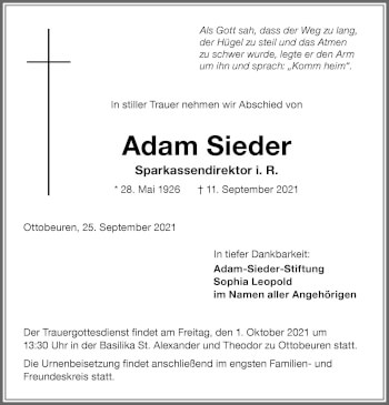 Traueranzeige von Adam Sieder von Allgäuer Zeitung