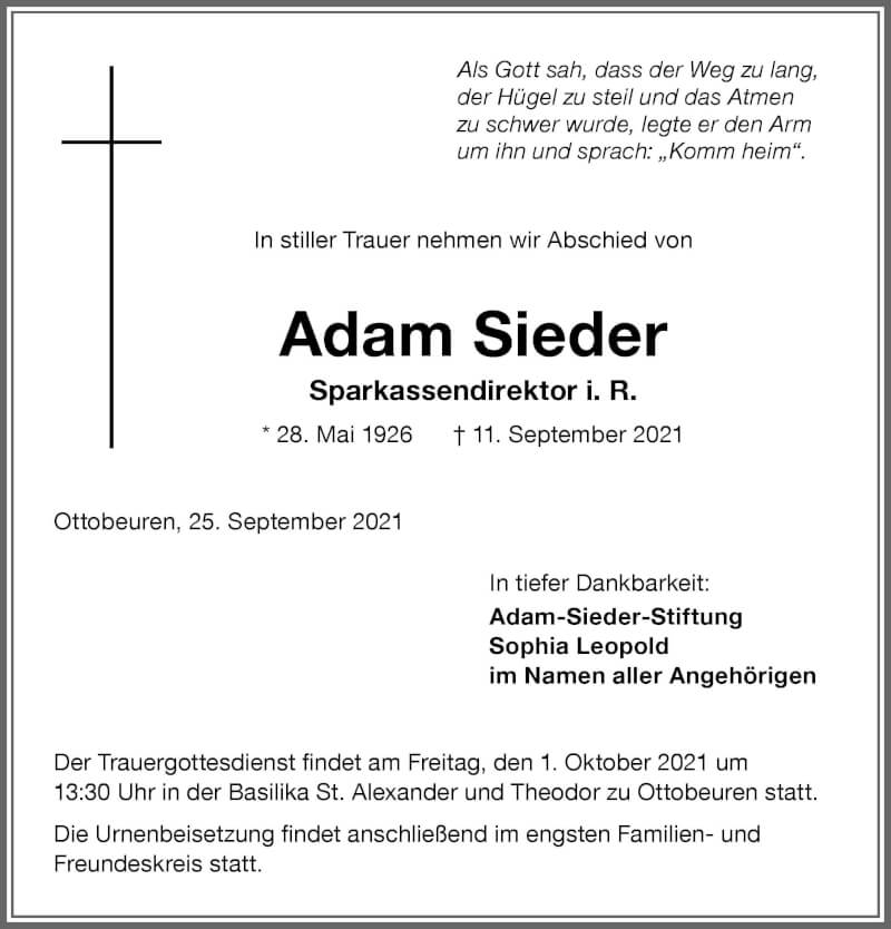  Traueranzeige für Adam Sieder vom 25.09.2021 aus Allgäuer Zeitung