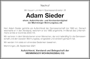 Traueranzeige von Adam Sieder von Memminger Zeitung