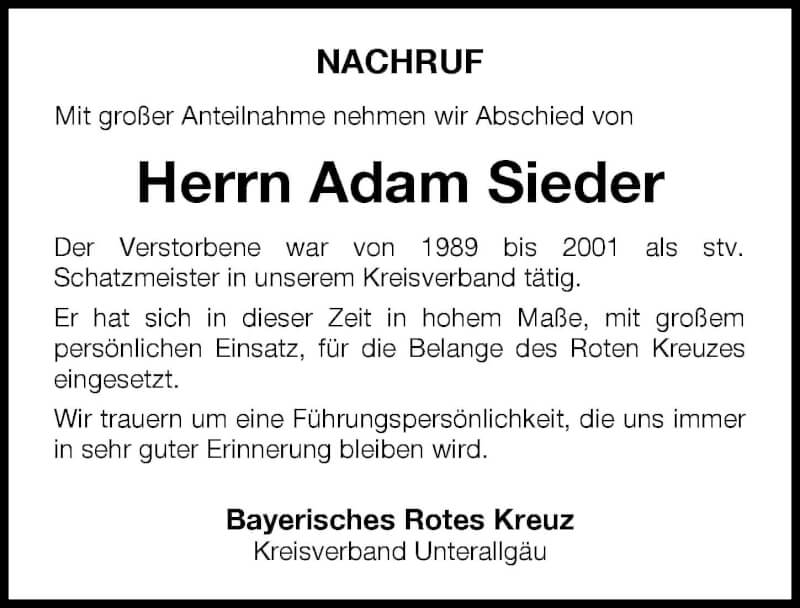  Traueranzeige für Adam Sieder vom 25.09.2021 aus Memminger Zeitung