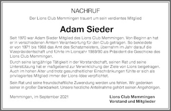 Traueranzeige von Adam Sieder von Memminger Zeitung