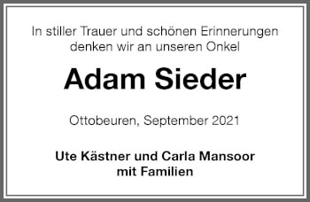 Traueranzeige von Adam Sieder von Memminger Zeitung