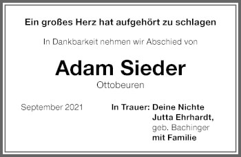 Traueranzeige von Adam Sieder von Memminger Zeitung