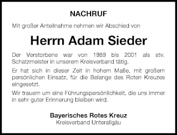 Traueranzeige von Adam Sieder von Memminger Zeitung