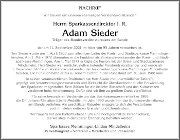 Traueranzeige von Adam Sieder von Allgäuer Zeitung