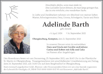 Traueranzeige von Adelinde Barth von Allgäuer Zeitung, Marktoberdorf