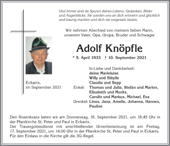 Traueranzeige von Adolf Knöpfle von Allgäuer Anzeigeblatt