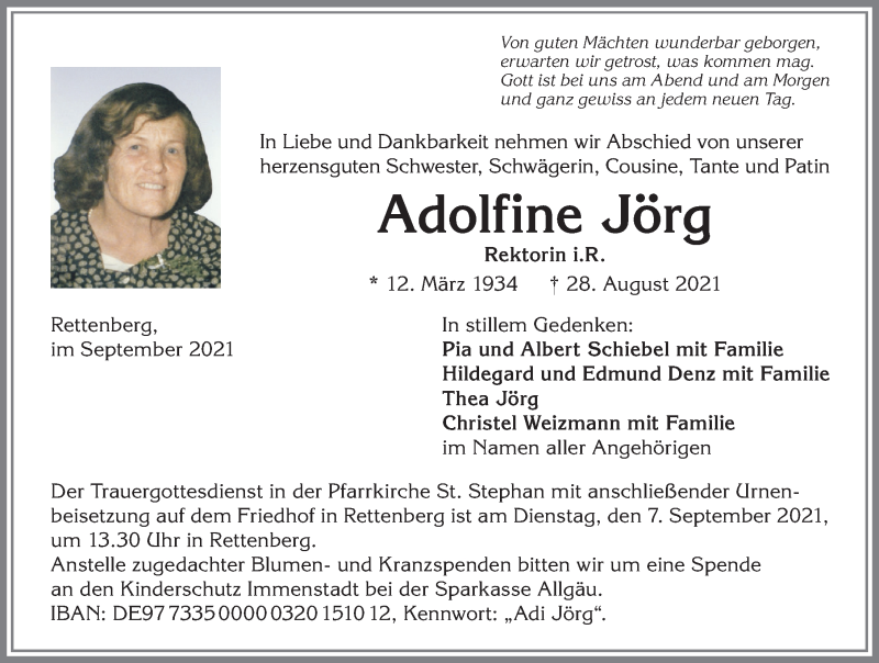  Traueranzeige für Adolfine Jörg vom 04.09.2021 aus Allgäuer Anzeigeblatt