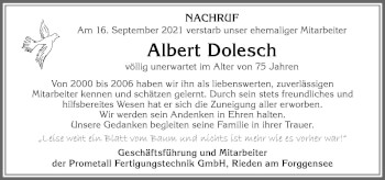 Traueranzeige von Albert Dolesch von Allgäuer Zeitung, Füssen