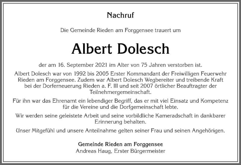  Traueranzeige für Albert Dolesch vom 22.09.2021 aus Allgäuer Zeitung, Füssen