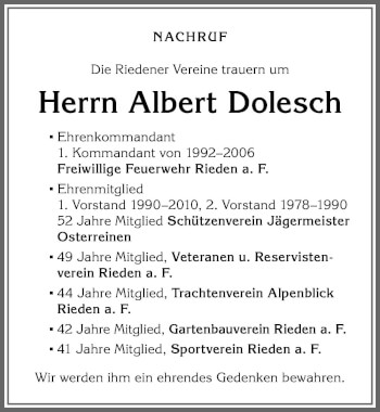 Traueranzeige von Albert Dolesch von Allgäuer Zeitung, Füssen