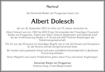 Traueranzeige von Albert Dolesch von Allgäuer Zeitung, Füssen