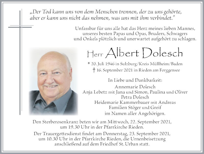  Traueranzeige für Albert Dolesch vom 20.09.2021 aus Allgäuer Zeitung, Füssen