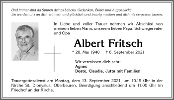 Traueranzeige von Albert Fritsch von Allgäuer Zeitung, Kaufbeuren/Buchloe