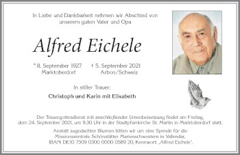 Traueranzeige von Alfred Eichele von Allgäuer Zeitung, Marktoberdorf
