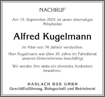 Traueranzeige von Alfred Kugelmann von Allgäuer Zeitung,Kempten