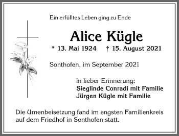 Traueranzeige von Alice Kügle von Allgäuer Anzeigeblatt