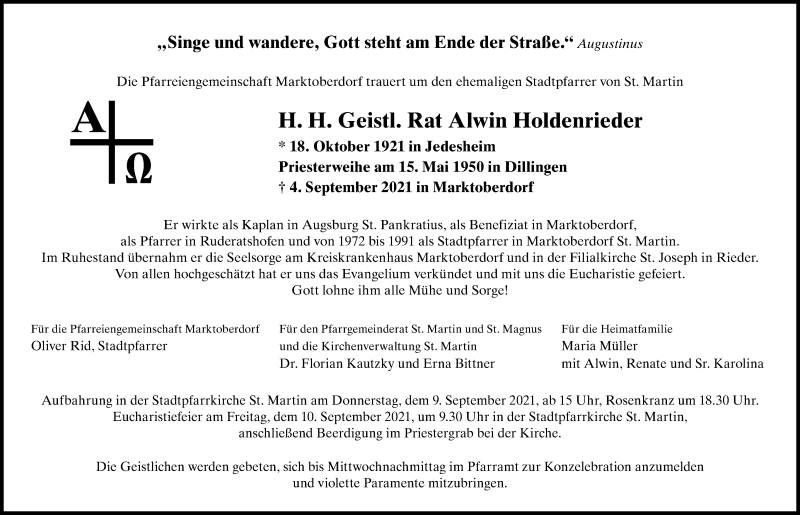  Traueranzeige für Alwin Holdenrieder vom 08.09.2021 aus Allgäuer Zeitung, Marktoberdorf