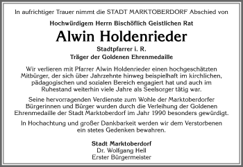 Traueranzeige von Alwin Holdenrieder von Allgäuer Zeitung, Marktoberdorf