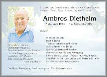 Traueranzeige von Ambros Diethelm von Allgäuer Zeitung,Kempten