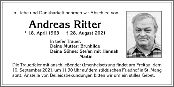 Traueranzeige von Andreas Ritter von Allgäuer Zeitung,Kempten