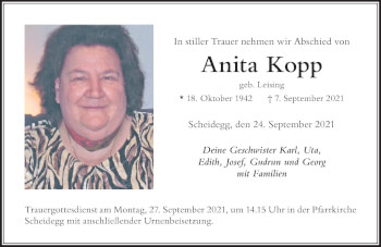 Traueranzeige von Anita Kopp von Der Westallgäuer