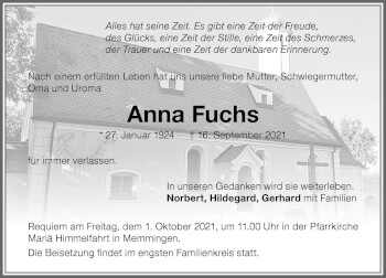 Traueranzeige von Anna Fuchs von Memminger Zeitung