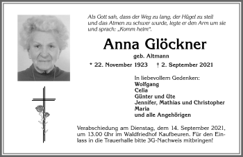 Traueranzeige von Anna Glöckner von Allgäuer Zeitung, Kaufbeuren/Buchloe