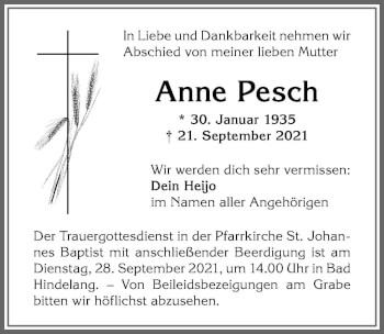 Traueranzeige von Anne Pesch von Allgäuer Anzeigeblatt