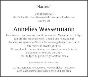 Traueranzeige von Annelies Wassermann von Memminger Zeitung