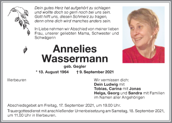 Traueranzeige von Annelies Wassermann von Memminger Zeitung