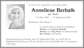 Traueranzeige von Anneliese Berbalk von Allgäuer Zeitung, Kaufbeuren/Buchloe