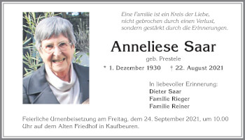 Traueranzeige von Anneliese Saar von Allgäuer Zeitung, Kaufbeuren/Buchloe