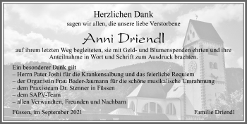 Traueranzeige von Anni Driendl von Allgäuer Zeitung, Füssen