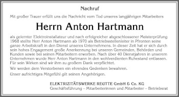 Traueranzeige von Anton Hartmann von Allgäuer Zeitung, Füssen