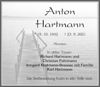 Traueranzeige von Anton Hartmann von Allgäuer Zeitung, Füssen