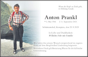 Traueranzeige von Anton Prankl von Der Westallgäuer