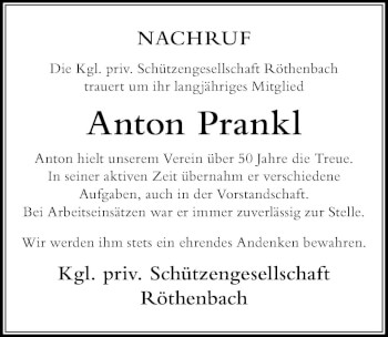 Traueranzeige von Anton Prankl von Der Westallgäuer