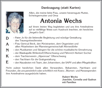 Traueranzeige von Antonia Wechs von Allgäuer Anzeigeblatt