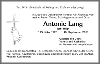 Traueranzeige von Antonie Lang von Allgäuer Zeitung, Kaufbeuren/Buchloe