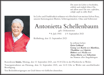 Traueranzeige von Antonietta Schellenbaum von Der Westallgäuer