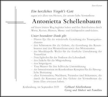 Traueranzeige von Antonietta Schellenbaum von Der Westallgäuer