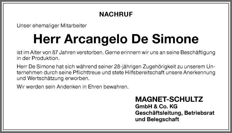  Traueranzeige für Arcangelo De Simone vom 06.09.2021 aus Memminger Zeitung