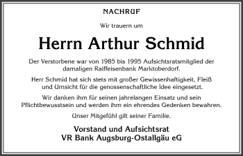 Traueranzeige von Arthur Schmid von Allgäuer Zeitung, Kaufbeuren/Buchloe