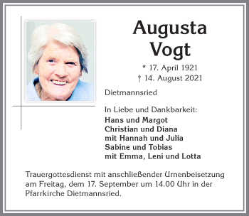 Traueranzeige von Augusta Vogt von Allgäuer Zeitung,Kempten