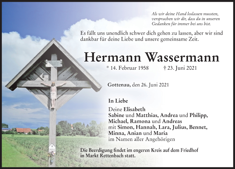  Traueranzeige für Hermann Wassermann vom 14.09.2021 aus Memminger Zeitung