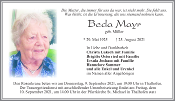 Traueranzeige von Beda Mayr von Allgäuer Zeitung, Marktoberdorf