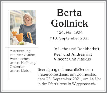 Traueranzeige von Berta Gollnick von Allgäuer Zeitung,Kempten