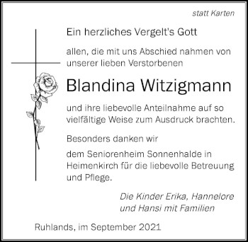 Traueranzeige von Blandina Witzigmann von Der Westallgäuer