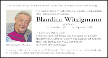 Traueranzeige von Blandina Witzigmann von Der Westallgäuer